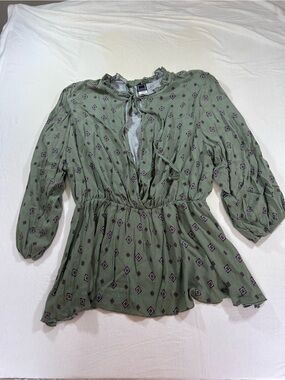 Libian Olive Green Printed Tie-Front Peplum Blouse 2XL